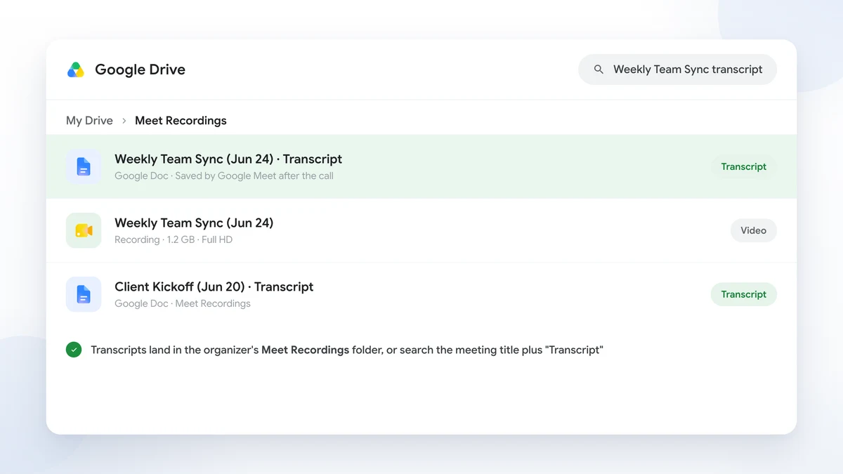 Finding a Google Meet transcript in Google Drive: the Meet Recordings folder with the meeting's Transcript Google Doc highlighted