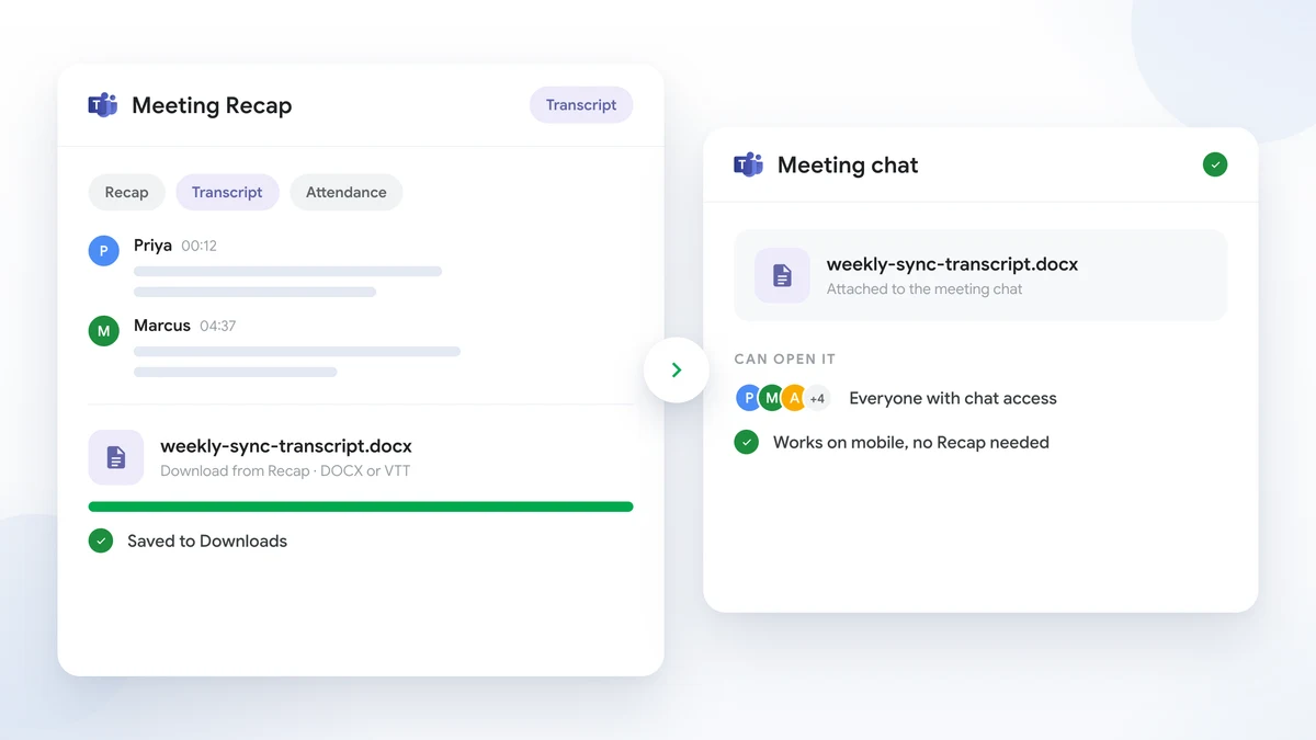 Microsoft Teams transcript workflow: downloading the .docx file from Recap and attaching it to the meeting chat for everyone with chat access