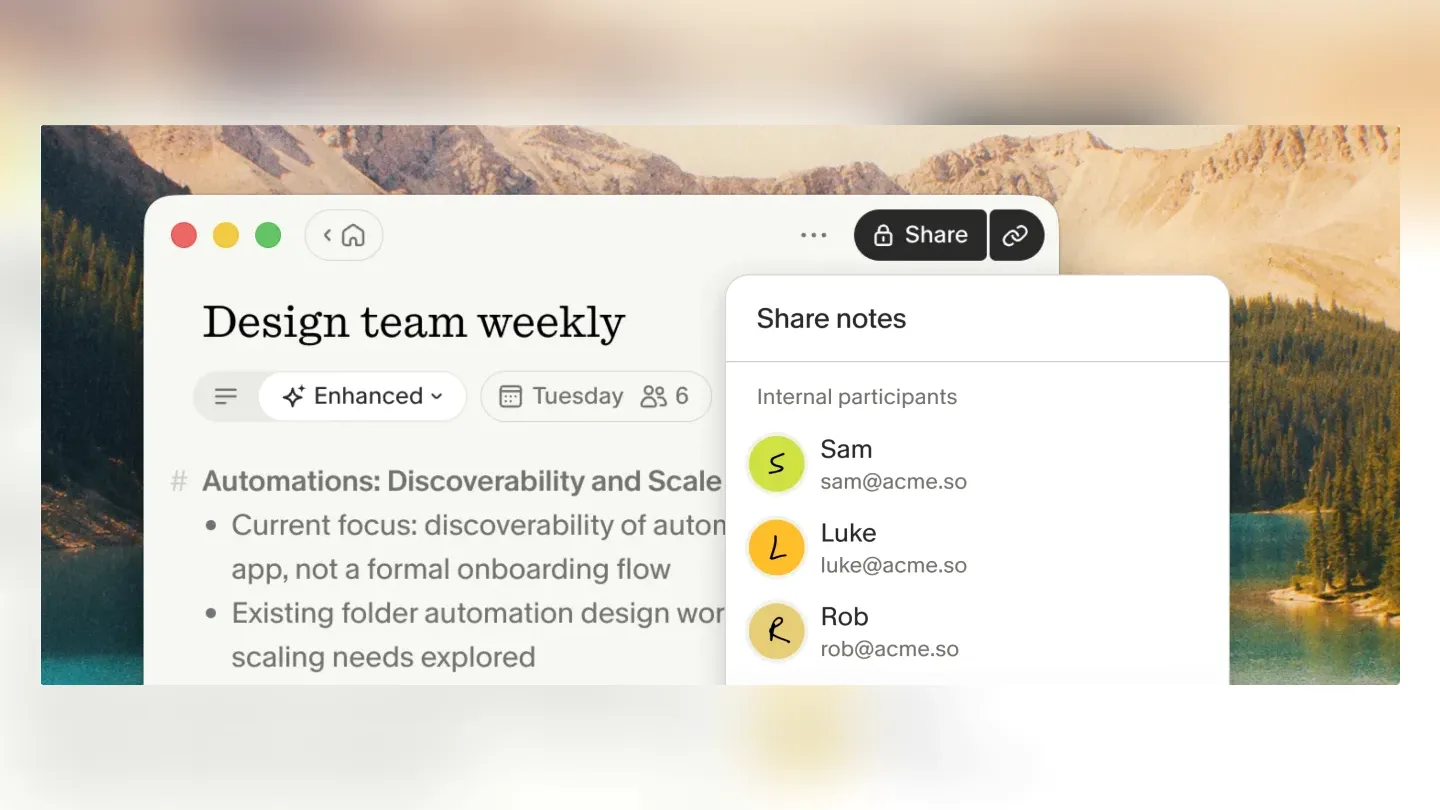 Granola meeting note with AI-enhanced notes and a share menu
